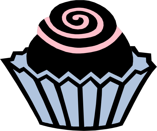 The image shows a cupcake with pink frosting on top of it inside an open blue wrapper next to a swirl symbol that resembles ice cream in white color against black background.