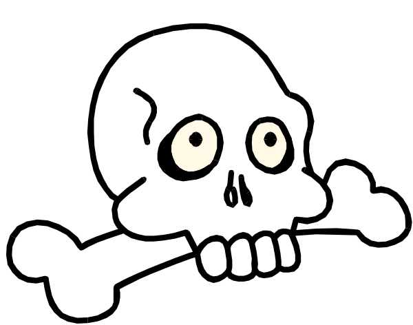 The black and white cartoon shows a skull with an exaggeratedly surprised expression holding what appears to be bones of another skeleton in its mouth.