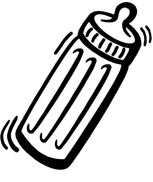 The black and white illustration shows a baby bottle with an attached nipple on its top right corner against a dark background.