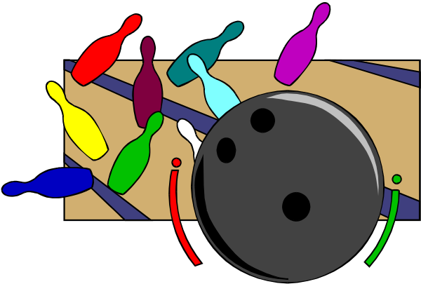 The image shows a bowling ball with pins around it on top of what appears to be an arcade machine that has various colorful buttons in front of it.