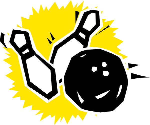 The image shows a cartoon bowling ball with pins around it against an explosion background.