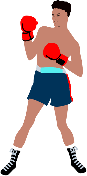 The image shows a black and white illustration of an adult male boxer wearing shorts with stripes on them, standing in front of what appears to be a wall-mounted punching bag.