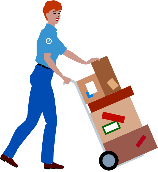 The illustration depicts a person pushing an overloaded cart filled with boxes down what appears to be a hallway; there is no text present in this image.