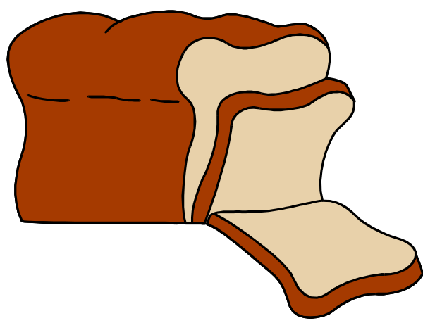 The black and white silhouette of a loaf of bread with slices missing on top right corner next to an image that looks like two pieces of pizza in bottom left corner.
