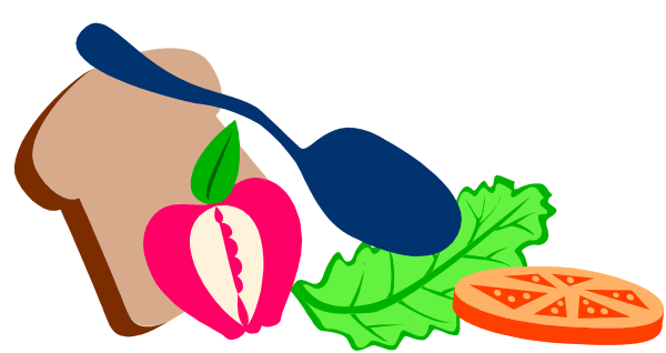The illustration shows a sandwich with various ingredients like tomato, lettuce, cheese, pepperoni, breadsticks, carrots, broccoli, pizza slice, orange juice box, toothbrush in cup and other items on countertop.