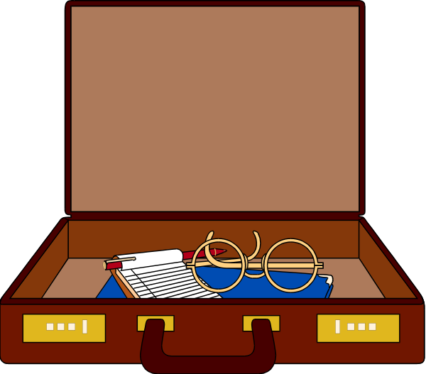 The illustration shows a red suitcase with an open lid on top of it is placed inside another larger pink suitcase that has its handle extended outward. Inside the smaller case rests some papers along with two pairs of glasses, one pair resting atop each other and both facing upwards as if ready for use. The background appears to be a dark space which contrasts sharply against the brightly colored luggage pieces.
