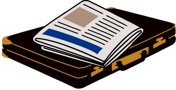 The black and white illustration shows a newspaper with headlines on it lying open next to what appears to be an electronic device that resembles a smartphone or tablet computer.