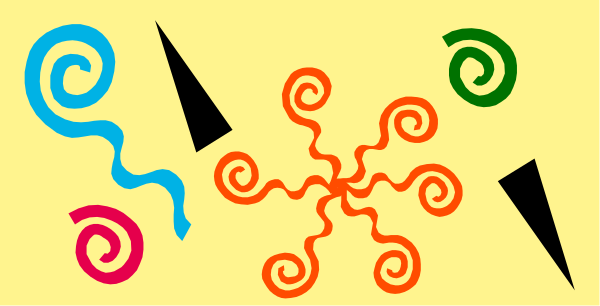 The image shows a colorful abstract design with swirling patterns resembling vortexes on what appears to be paper in various hues of blue, red, green, yellow, black, white, gray and brown against a light background.