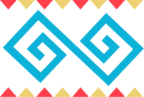 The image shows a pattern with two symmetrical blue shapes resembling stylized snowflakes on either side of an abstract design in red that could be interpreted as flames or waves.