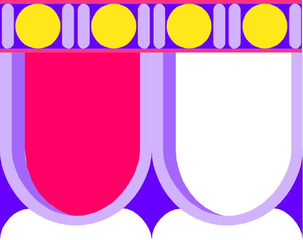 The image shows a stylized graphic of two banners with decorative borders hanging side by side against what appears to be an abstract background in shades of purple and yellow.