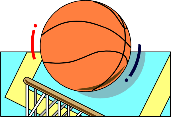 The image shows a cartoon depiction of an indoor basketball court with two hoops on either side; there is no ball in play at this moment.