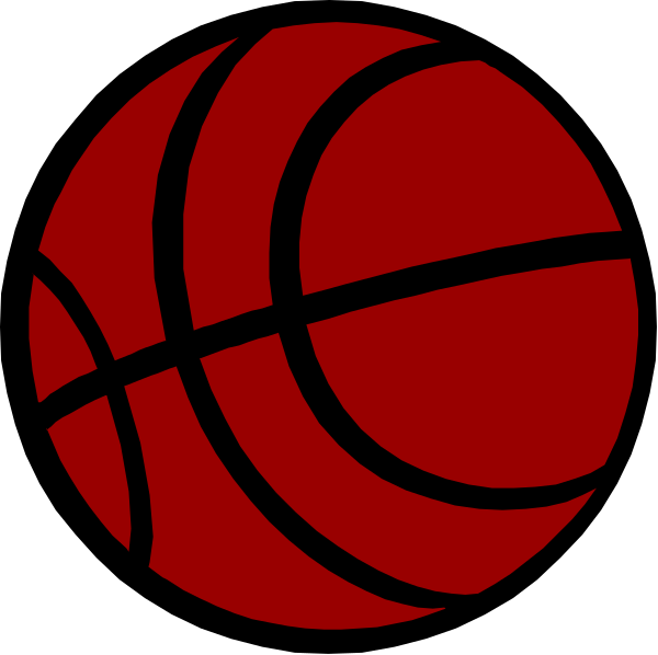 The image shows a red basketball with white lines representing its panels inside an iconic black silhouette of a basketball hoop on a dark background.