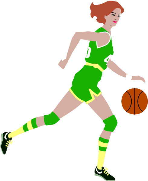 The illustration shows a female athlete running with a basketball while wearing sports attire; she is depicted from behind against a plain background.