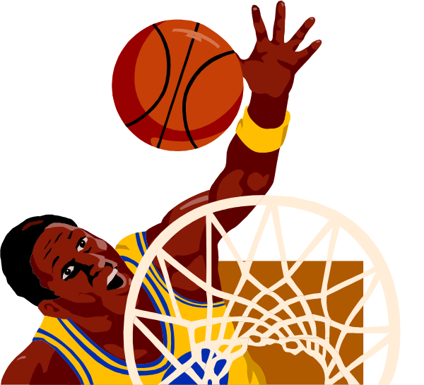 The illustration depicts a basketball player dunking over an orange hoop with his right hand while holding onto a red ball in his left hand against a black background.