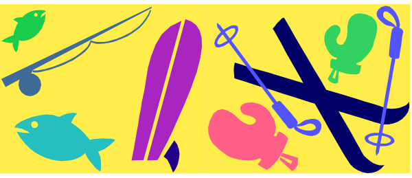 The image shows a collection of colorful items including scissors with blue handles, an apple slice on top left corner, two fish swimming in opposite directions at bottom right, a surfboard leaning against something to its left and above it is a purple ribbon tied into bows, three swords crossed over each other near the center-right side of image.