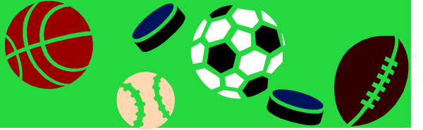 The image shows a collection of sports balls including soccer, basketball, baseball, footballs (American), tennis rackets, pins with various sporting equipment like skis, golf clubs, hockey sticks, cricket bats and other items related to different games on top of them all.