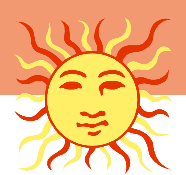 The image features a sun with rays extending outward from its center, set against an orange background that resembles flames at nighttime; there is no text present in this clip-art illustration.