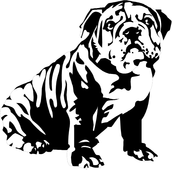 The black and white silhouette of a dog sitting upright on its hind legs with front paws resting atop each other in an alert position against a dark background.