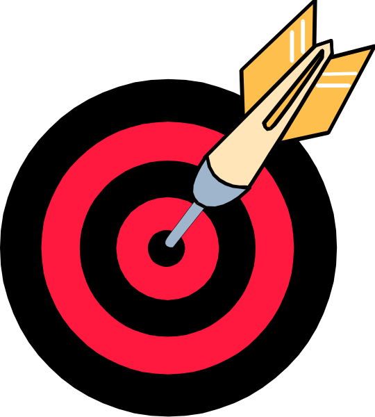 The illustration shows a target with an arrow piercing it from above right side of frame; to left is a stylized depiction resembling a dartboard with concentric circles around bullseye, and below that there's a red circle containing white crosshairs symbolizing the aiming point.