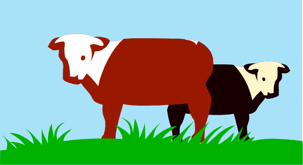 The image shows a cartoon of two cows standing on grass with blue sky above them; there is no text present in this clip-art illustration.