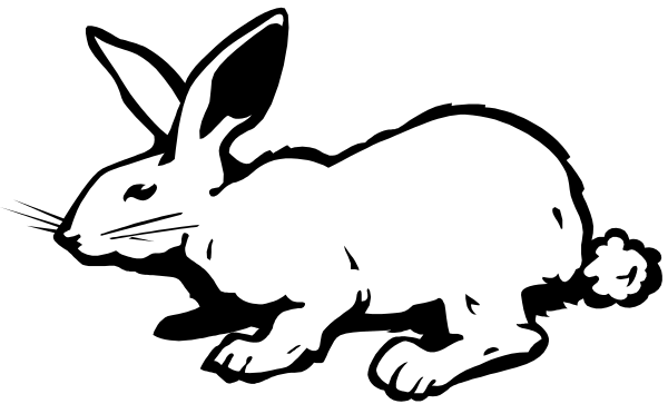 The black and white silhouette of a rabbit with long ears standing upright on its hind legs against an unseen background.