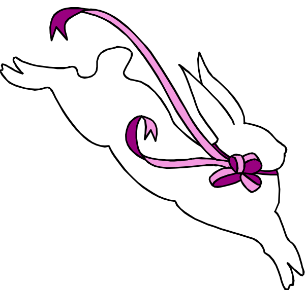 The image shows a white rabbit with purple ears holding an object that resembles a bow tie around its neck while it is in mid-air against a black background.
