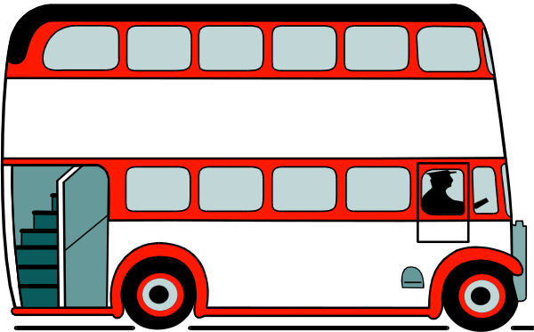 The image shows a red double decker bus with an open door on its side parked next to what appears to be stairs leading up from street level into it.