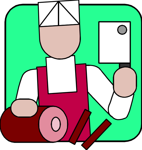 The image shows a black and white illustration of two different scenes with an iconic figure that resembles Chef Boyardee in each frame:

1) In one scene, there is a chef holding up his hands as if presenting something to someone or showing off ingredients for cooking. He has various kitchen utensils around him such as knives and spoons on the countertop behind him. The background suggests an indoor setting with white walls and green flooring.
2) In another scene, there is a chef holding up his hands in front of what appears to be meat
