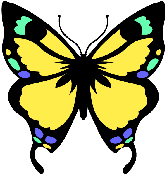 The image shows a stylized butterfly with open wings against a black background; it has blue accents on its body edges and is outlined in white lines that suggest shading for depth perception.