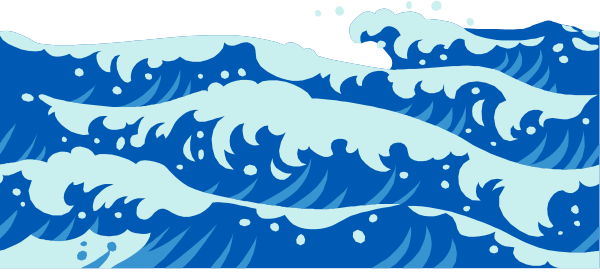 The image shows a stylized depiction of an ocean wave with white foam on top against a blue background, resembling clip-art artwork commonly used in digital media to represent waves or water bodies.