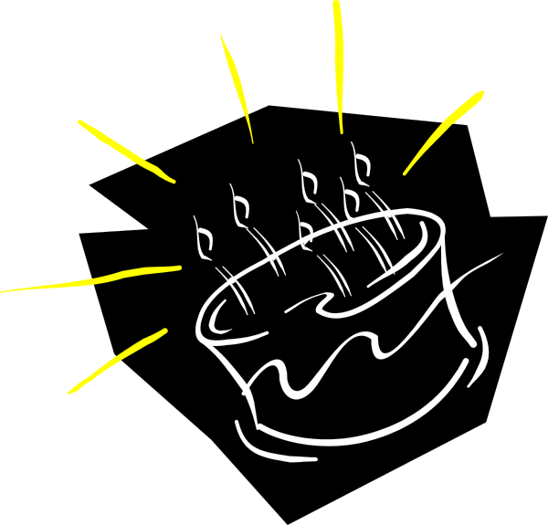 The black and white illustration shows a birthday cake with candles on top of it against a dark background.