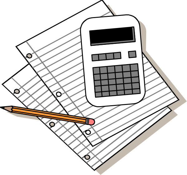The illustration shows a black and white representation of an office desk with various items on it: papers stacked neatly in front of each other; to their right is a calculator displaying numbers 0 through 9, suggesting calculations being made; above these materials rests what appears to be a pen or pencil. The image has been edited for color and includes two small figures that seem like they are interacting with the desk items: one figure holds up papers as if presenting them while another seems to add numbers on an invisible calculator, suggesting collaboration in work tasks such as accounting or