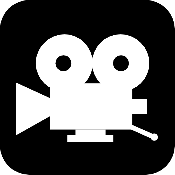 The black and white icon features a film clapperboard with two rolls of tape on either side against a dark background.