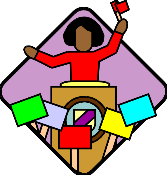The image shows a stylized graphic of an animated character standing behind a podium with various colorful signs on it in front of what appears to be a microphone symbolizing public speaking or radio broadcasting, and there is also another sign that resembles a red flag being held by the figure.