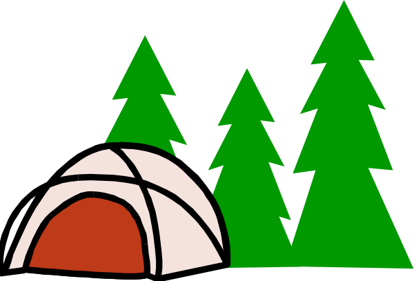 The image shows a camping scene with trees on either side of an open tent flap; there is also snow visible in front of one tree.