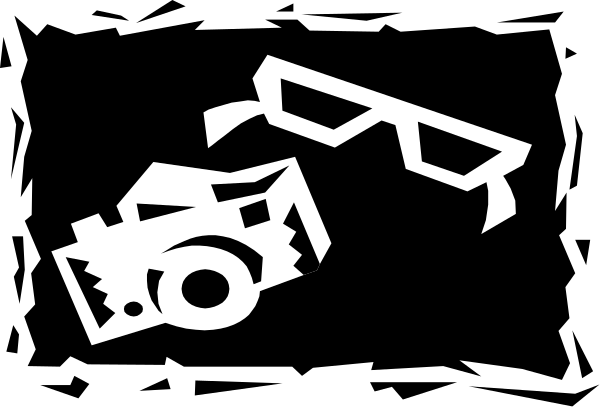 The black and white silhouette of a camera with an attached lens on top against a dark background.