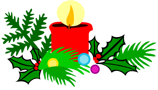 The image depicts a Christmas scene with an illuminated candle inside of a red holder on top of greenery adorned with berries; below it is a wreath decorated with holly, mistletoe and baubles in shades of green and white.