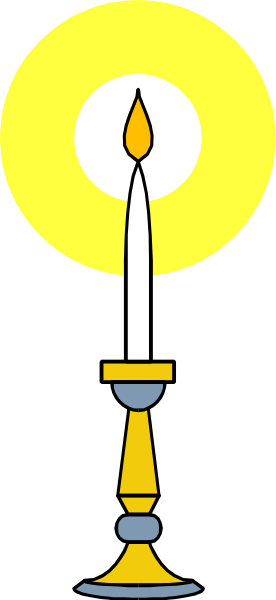 The image shows a candle holder with an illuminated white taper candle inside it against a dark background; there is no text present in this clip-art illustration.