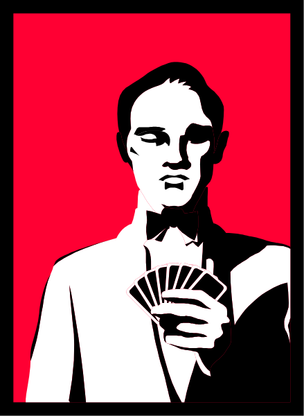 The image shows a stylized representation of an adult male figure holding up four playing cards with his hands while standing against a red background that resembles a wall.