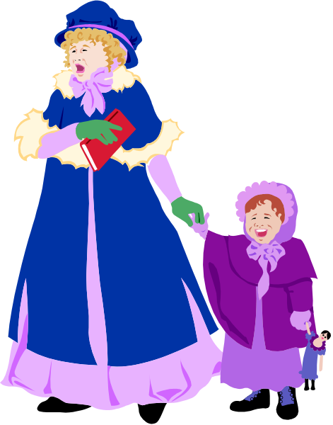 The illustration depicts a woman dressed as Little Red Riding Hood walking with her child towards an older lady who is holding out a book to them on what appears to be a street scene at dusk, given by their attire and setting details such as lampposts in the background.