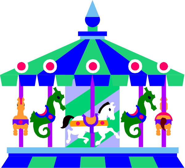 The image shows a carousel with horses on it inside an amusement park at nighttime under neon lights.