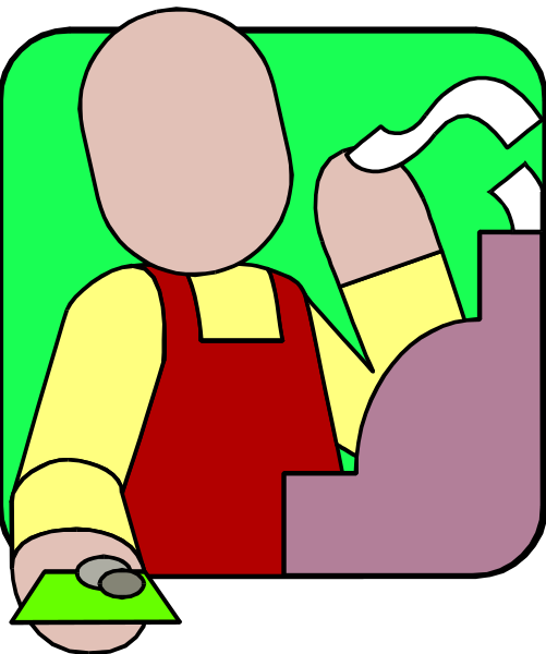 The image shows a cartoon of an animated character that resembles a robot with humanoid features standing behind what appears to be a countertop in front of which is another figure holding up two fingers as if counting, and there's also some text on top left corner reading "10% off" suggesting it might represent a sale or discount.