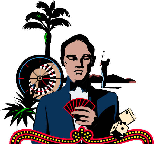 The image shows a cartoon of an adult male figure dressed as James Bond holding playing cards with casino chips on them against a backdrop that includes various gambling paraphernalia such as roulette wheels and dice, suggesting a theme related to casinos or gaming.