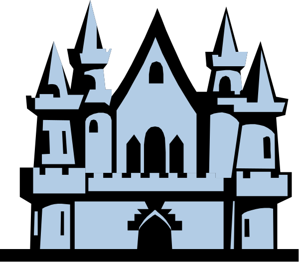 The image shows a cartoon castle with towers featuring conical roofs topped by spires; there is no text present in this clip-art illustration of an animated scene depicting medieval architecture, which includes multiple turrets and battlement walls that resemble stone construction materials such as bricks.