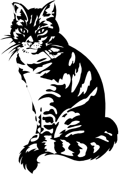 The black and white silhouette of a cat sitting upright on its hind legs against a dark background with stripes resembling fur patterns.