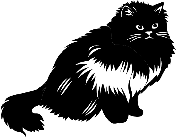 The black cat with white stripes on its face appears to be looking at something off camera while sitting down against a dark background in this clip-art image.