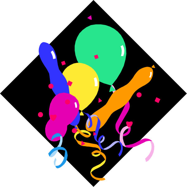 The image shows a bunch of colorful balloons with streamers attached to them on top of confetti that resembles party hats in various shapes like stars and hearts floating against a black background.