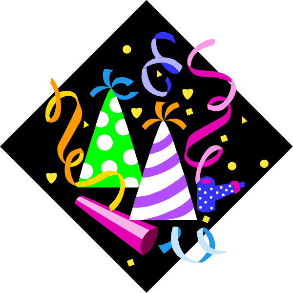 The image shows a collection of colorful party decorations including confetti poppers with streamers, birthday cake candles in various shapes like numbers 1 through 5, two paper hats shaped as cones and one that looks like an ice cream cone, and three small balloons tied together. There are also some sparklers on the right side of the image. The background is black which contrasts with the colorful decorations making them stand out prominently in this clip-art style illustration.