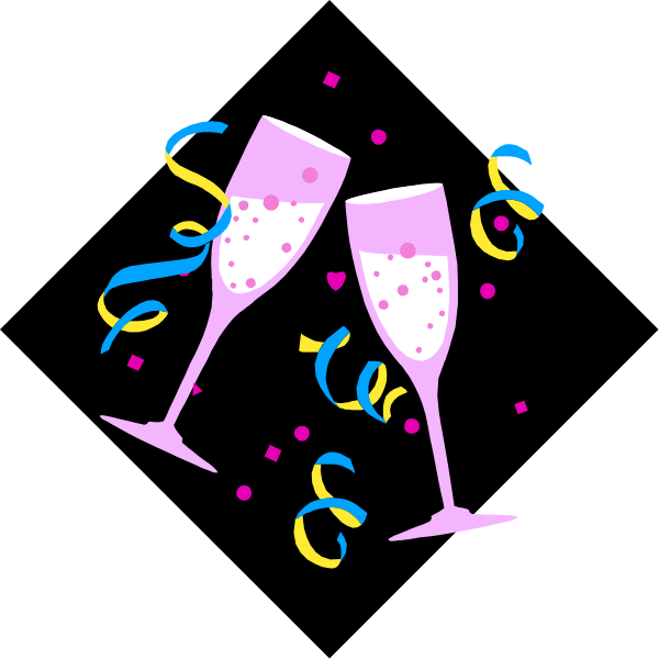 The image shows two champagne flutes with confetti around them on a black background.