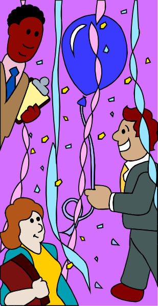 The illustration depicts a celebration scene with two individuals standing under balloon arches filled with confetti; there's one person holding an award plaque while another is handing out party favors to them, and in front of this duo stands a third individual who appears surprised or excited.